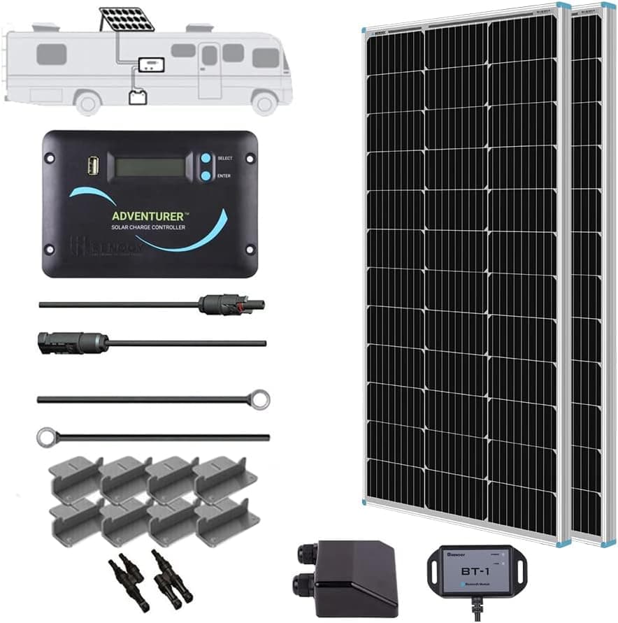 Renogy 200 Watts 12 Volts Monocrystalline RV Solar Panel Kit with Adventurer 30A LCD PWM Charge Controller and Mounting Brackets