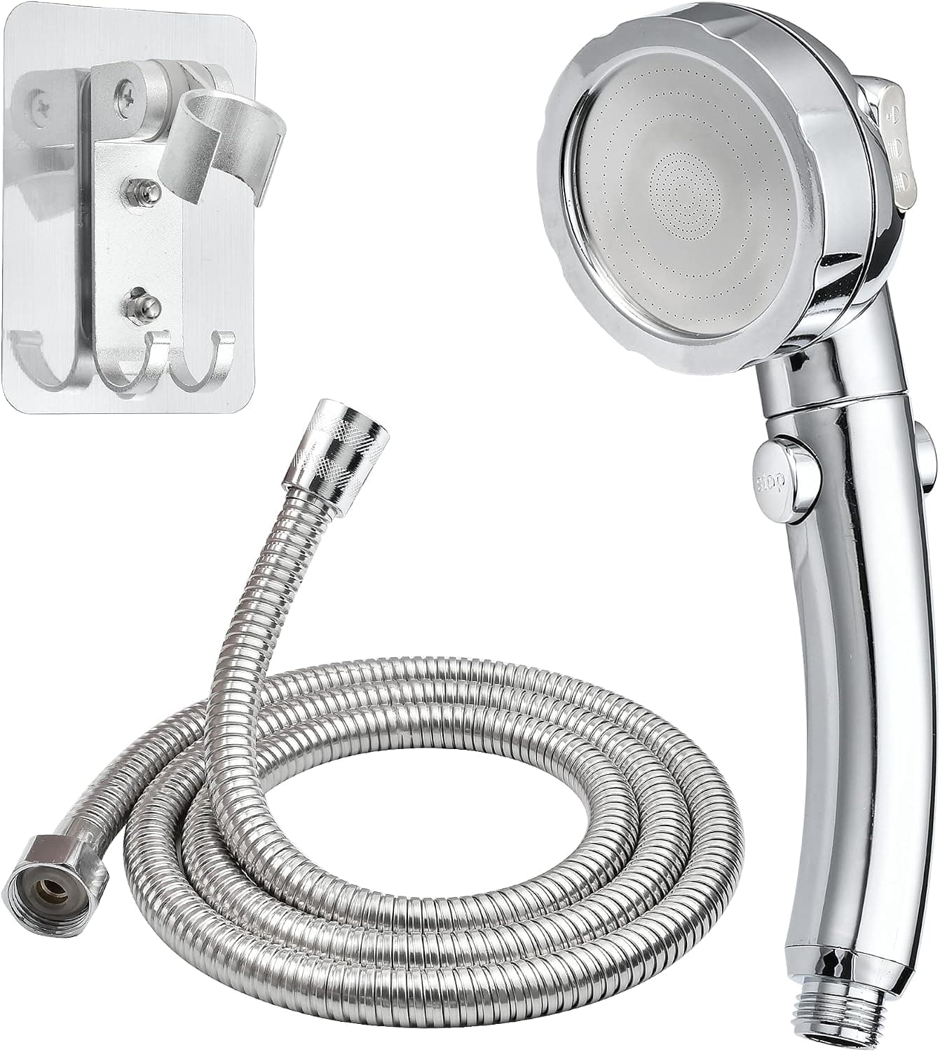 Elesunory RV Shower Head with 59 Inch Hose and Bracket, Removable with 3 Settings, Water Saving High Pressure, Silver